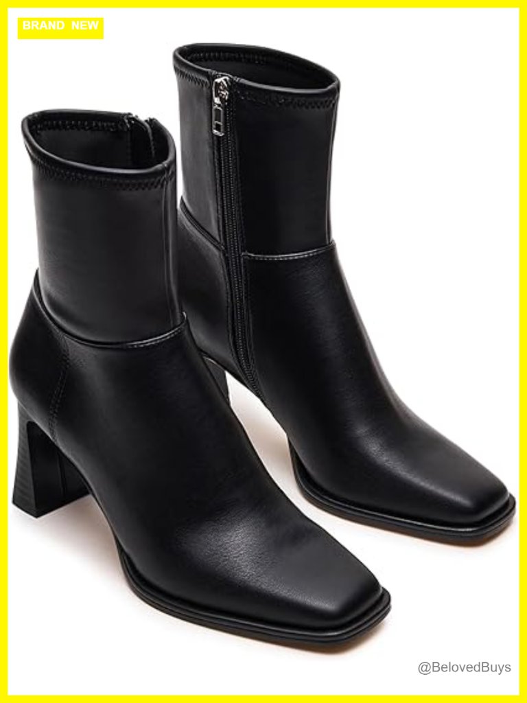 Square Toe Chunky Heel Ankle Booties With Side Zip